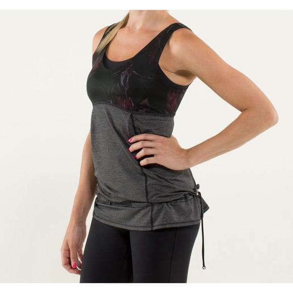 Lululemon Hustle Bustle Tank Womens 8 Heather Black Floral Shelf Bra Drawstring - Picture 13 of 16